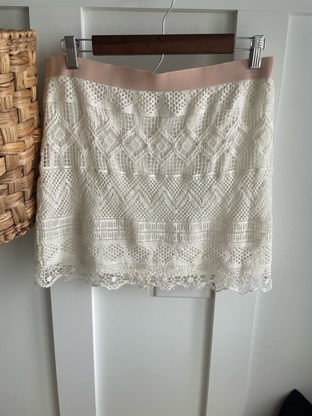 American Eagle Outfitters Cream Crochet Mini Skirt with Blush Waistband